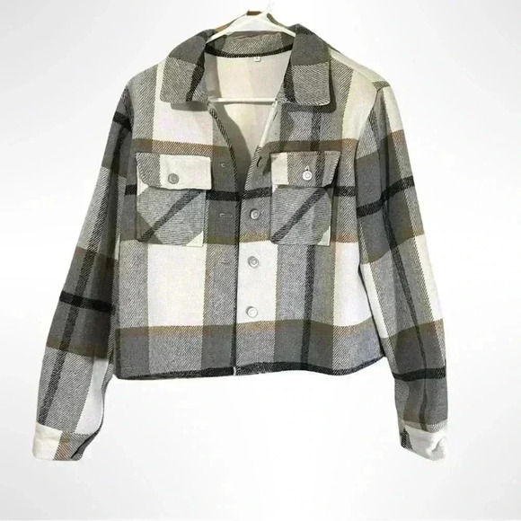 Women Fleece Cropped Jacket Fuzzy Flannel Plaid Sherpa - Picture 4 of 7